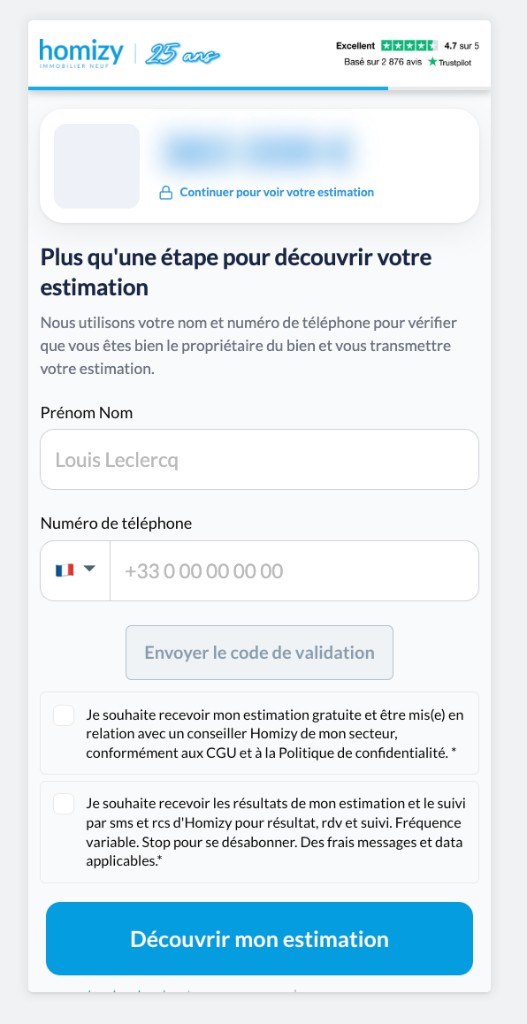 Formulaire d'estimation Homizy montrant les deux cases de consentement et le bouton « Découvrir mon estimation »